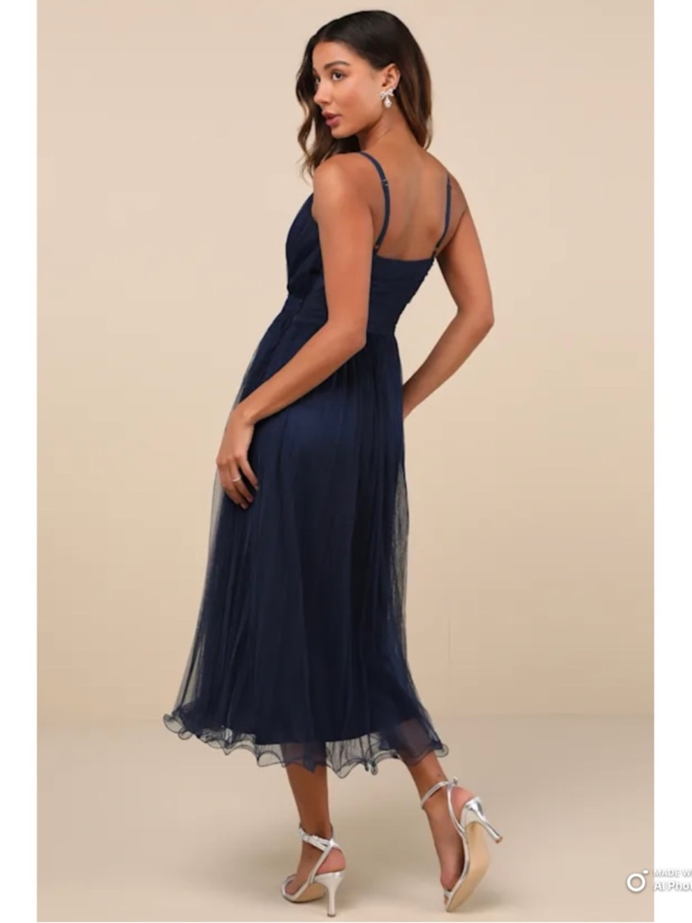 Lulus Large Exemplary Aura Navy Blue Tulle Surplice Midi Dress NWT - Picture 7 of 17